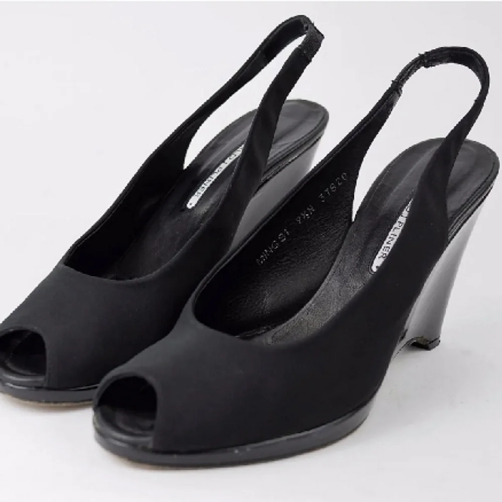 Donald J. Pliner Black Wedge Peep Toe Heel Slingback Shoes